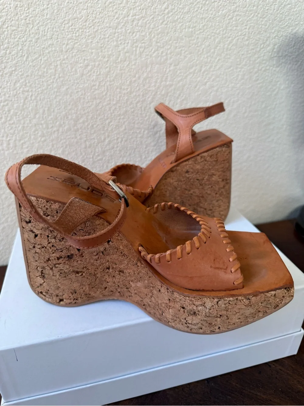 VTG 90s  Sonax Spain Cork Platform Wedge Sandals EU 36 US 5.5-6 Cognac Leather - Picture 8 of 14